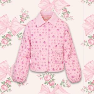 LoveShackFancy Quinlette Quilted Bow Floral Jacket Puffy Coat Pink